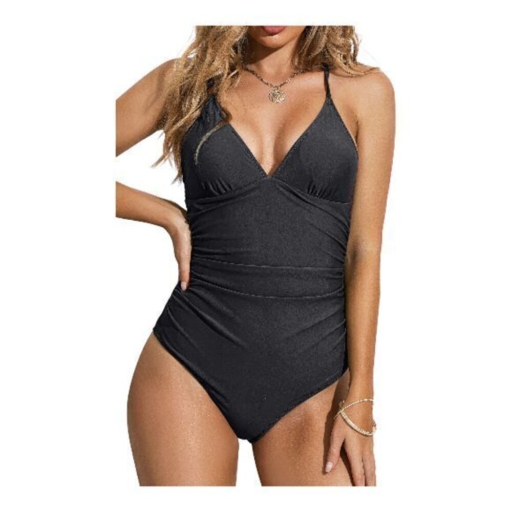 Women's V-Neck Charcoal Gray/Black Ruched Swimsuit Size Large NWT #1012